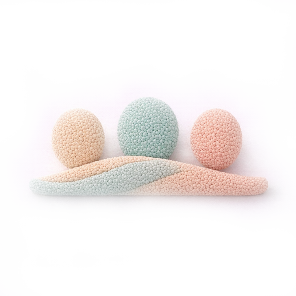 Abstract symbol of three softly colored forms resting together, representing community and mutual support.