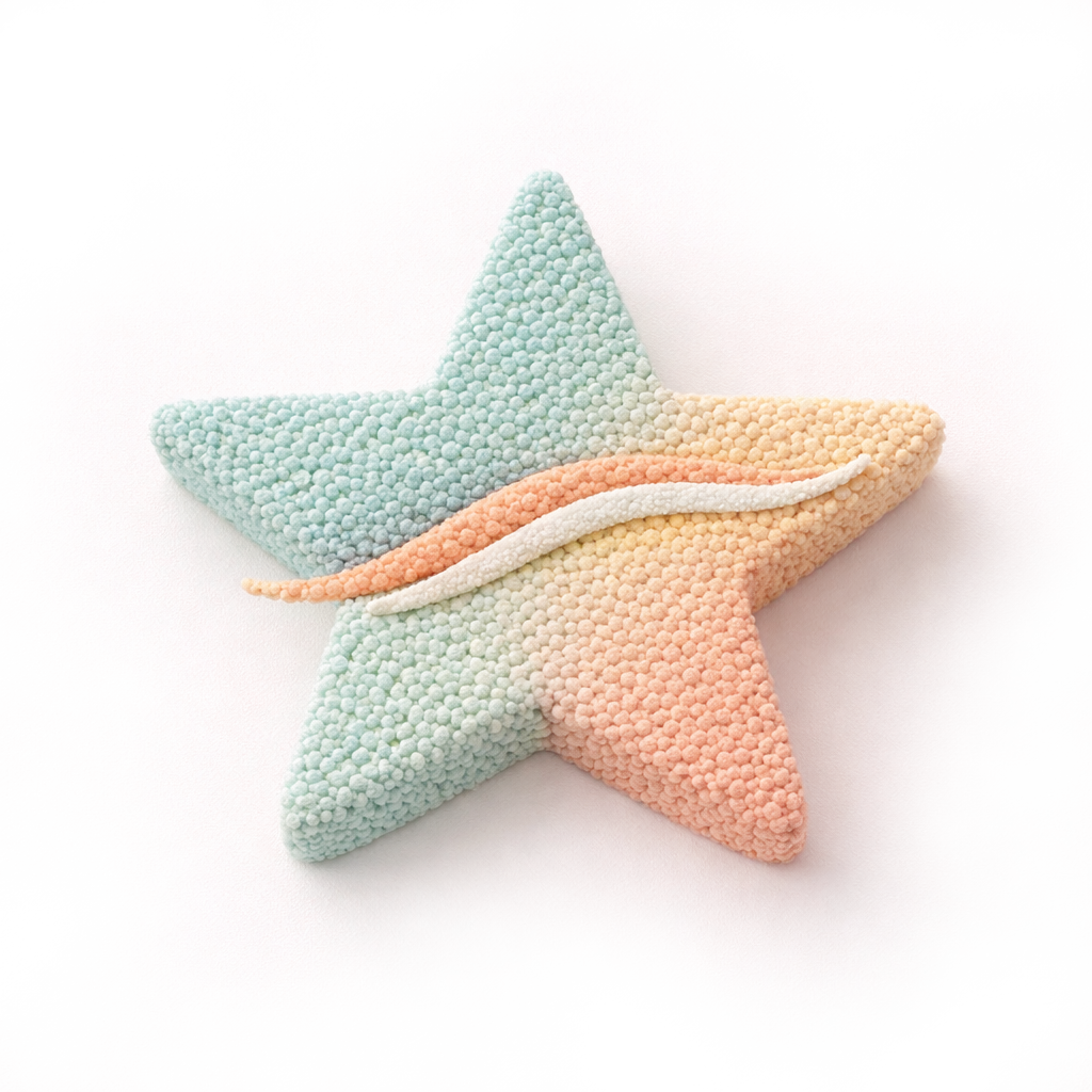 Abstract star-shaped symbol in soft teal and sand tones representing energy and vitality.