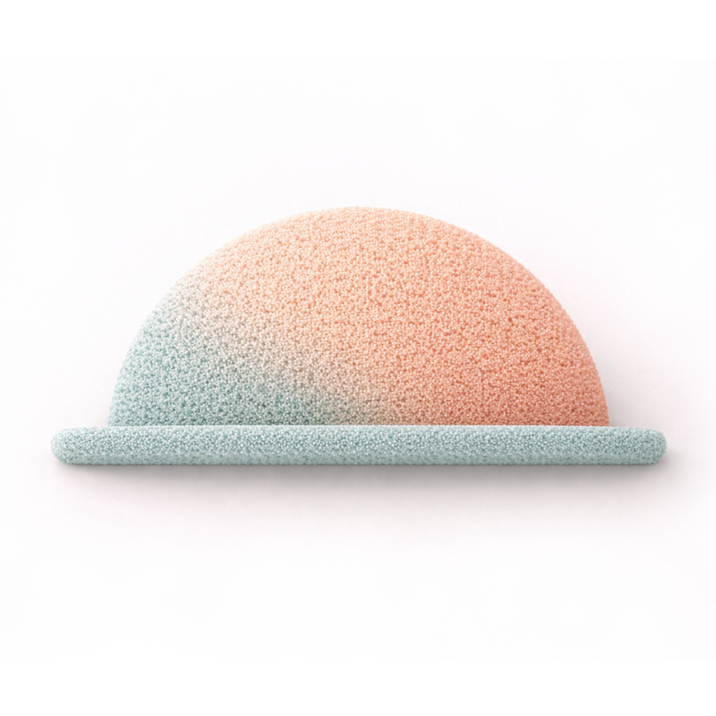 Abstract dome-shaped symbol in soft sand and teal tones representing health and the physical body.