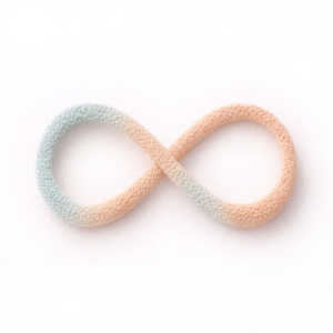 Abstract infinity-shaped symbol in soft sand and teal tones representing identity and selfhood.