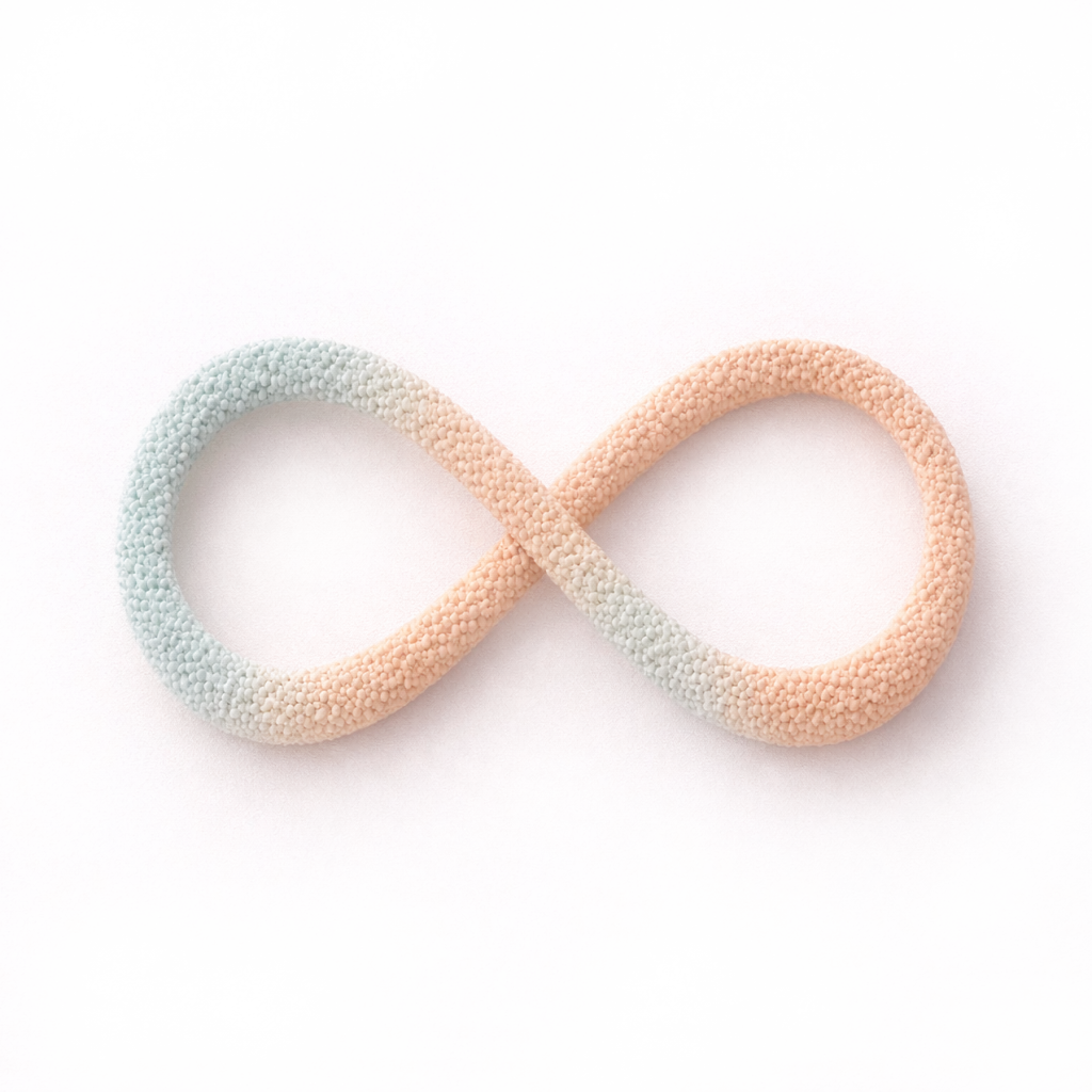 Abstract infinity-shaped symbol in soft sand and teal tones representing identity and selfhood.