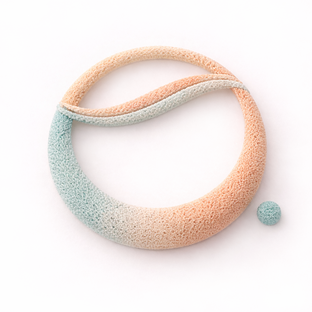 Abstract circular symbol in soft sand and teal tones with a flowing line, representing joy and playfulness.