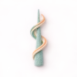 Abstract vertical symbol in soft teal and sand tones representing purpose and direction.