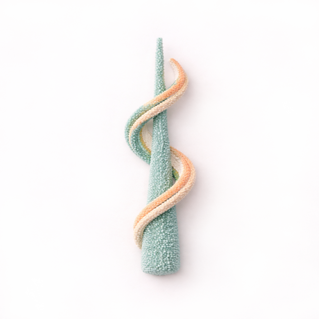 Abstract vertical symbol in soft teal and sand tones representing purpose and direction.