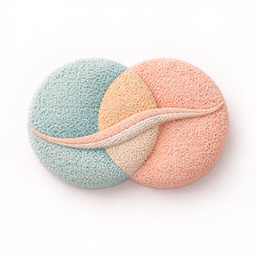 Abstract symbol of two overlapping forms in soft teal and sand tones, representing love and relationships.