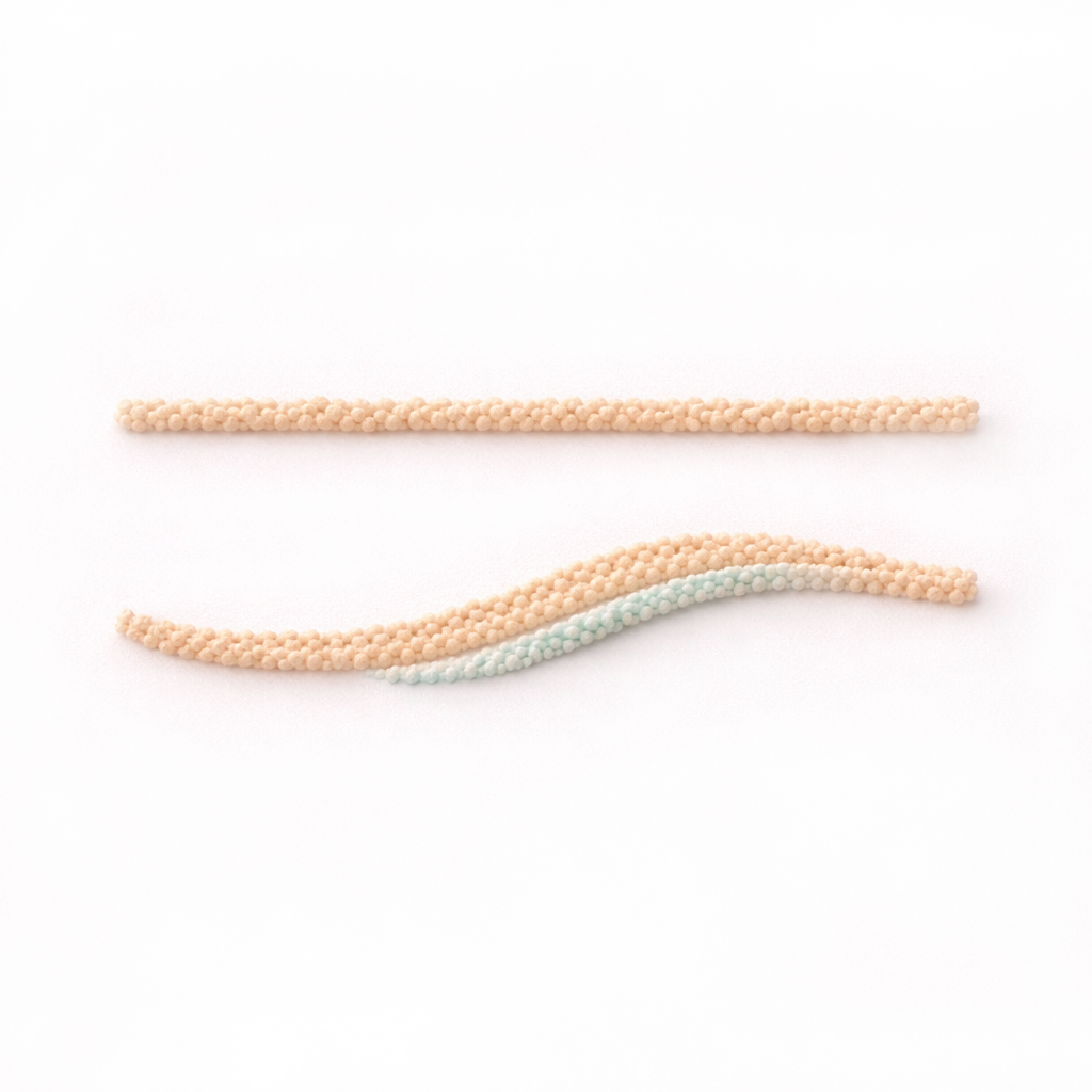 Minimal abstract symbol with two horizontal lines in soft sand and teal tones, representing sleep and rest.