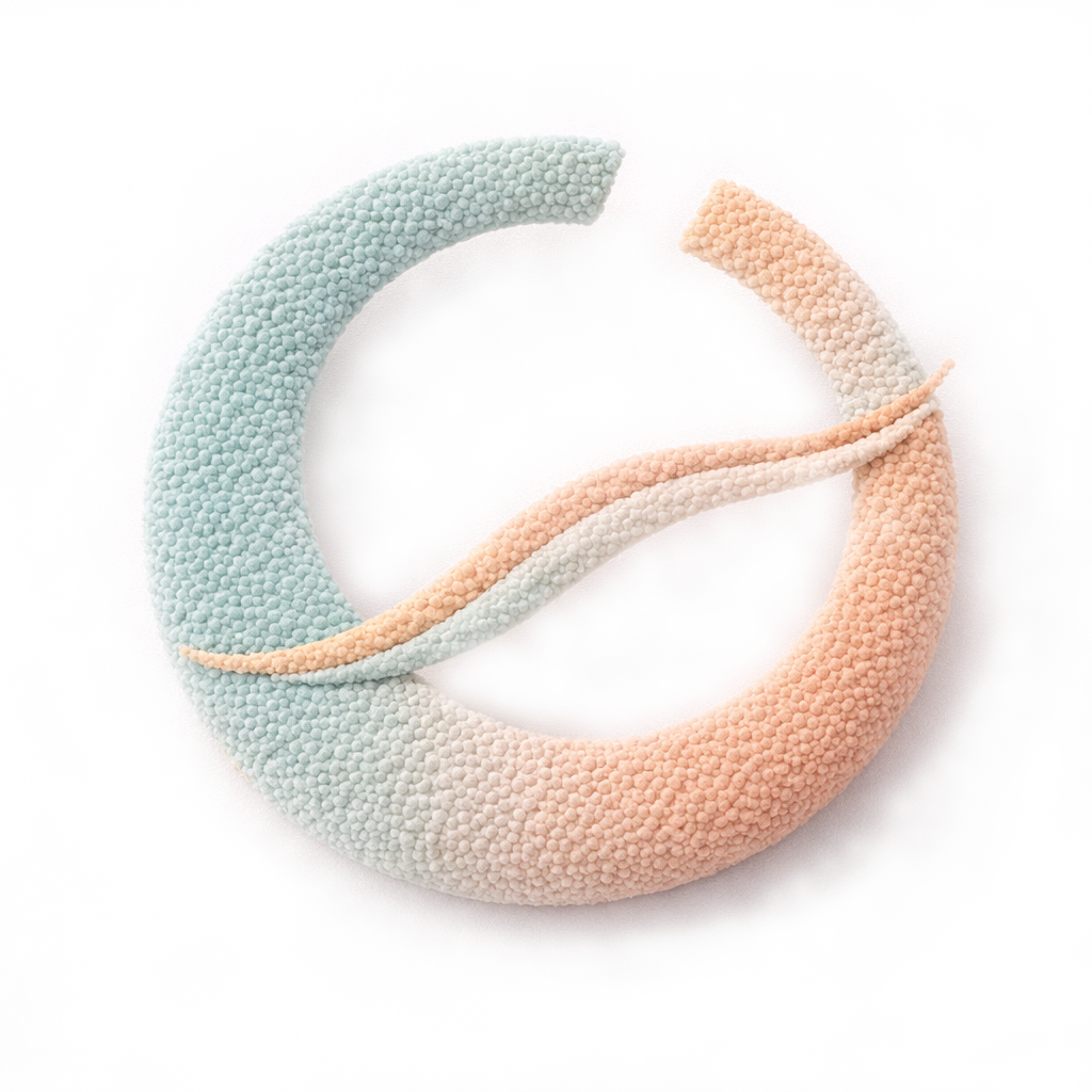 Abstract circular symbol in soft teal and sand tones representing change and life transitions.