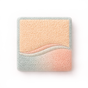 Abstract square symbol in soft sand and teal tones representing work and money.