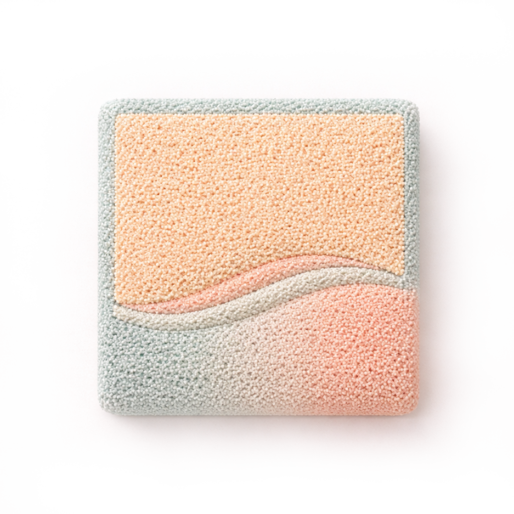 Abstract square symbol in soft sand and teal tones representing work and money.