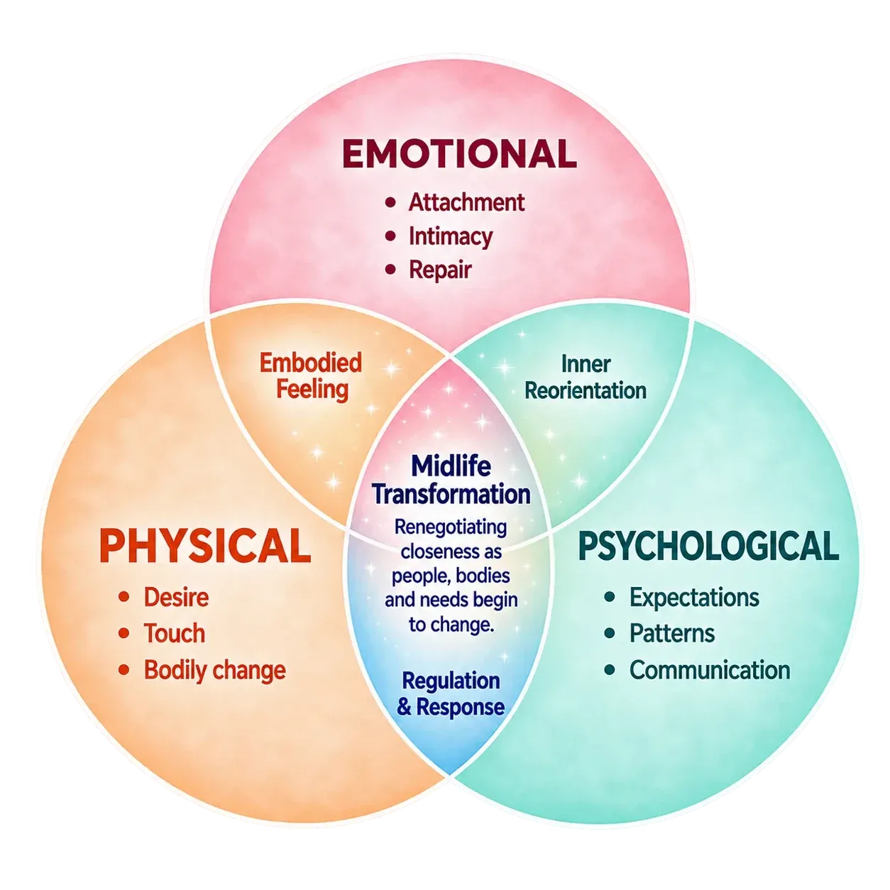 Love & Relationships Venn diagram showing the Emotional, Physical and Psychological dimensions of Midlife Transformation.