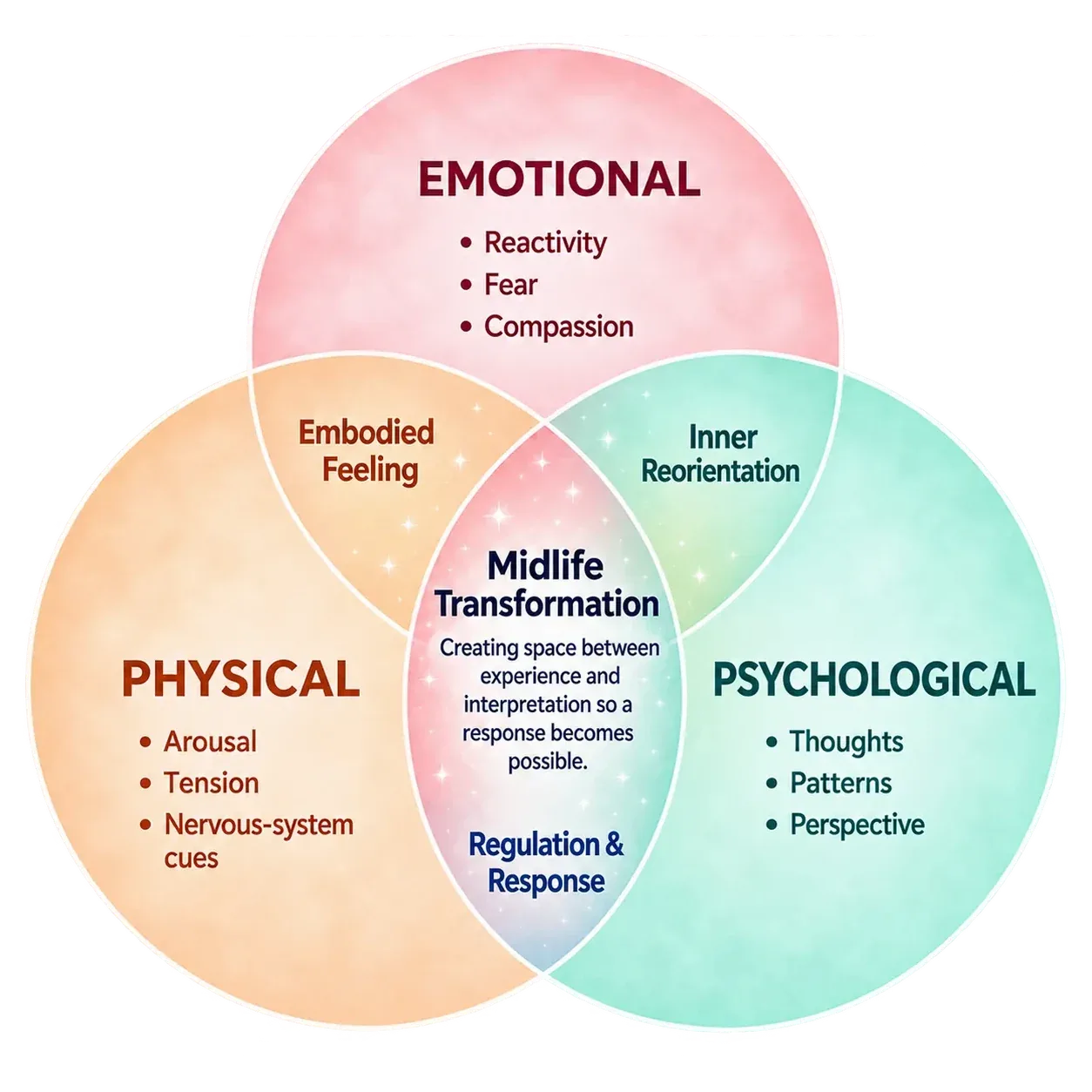 Mind & Awareness Venn diagram showing the Emotional, Physical and Psychological dimensions of Midlife Transformation.